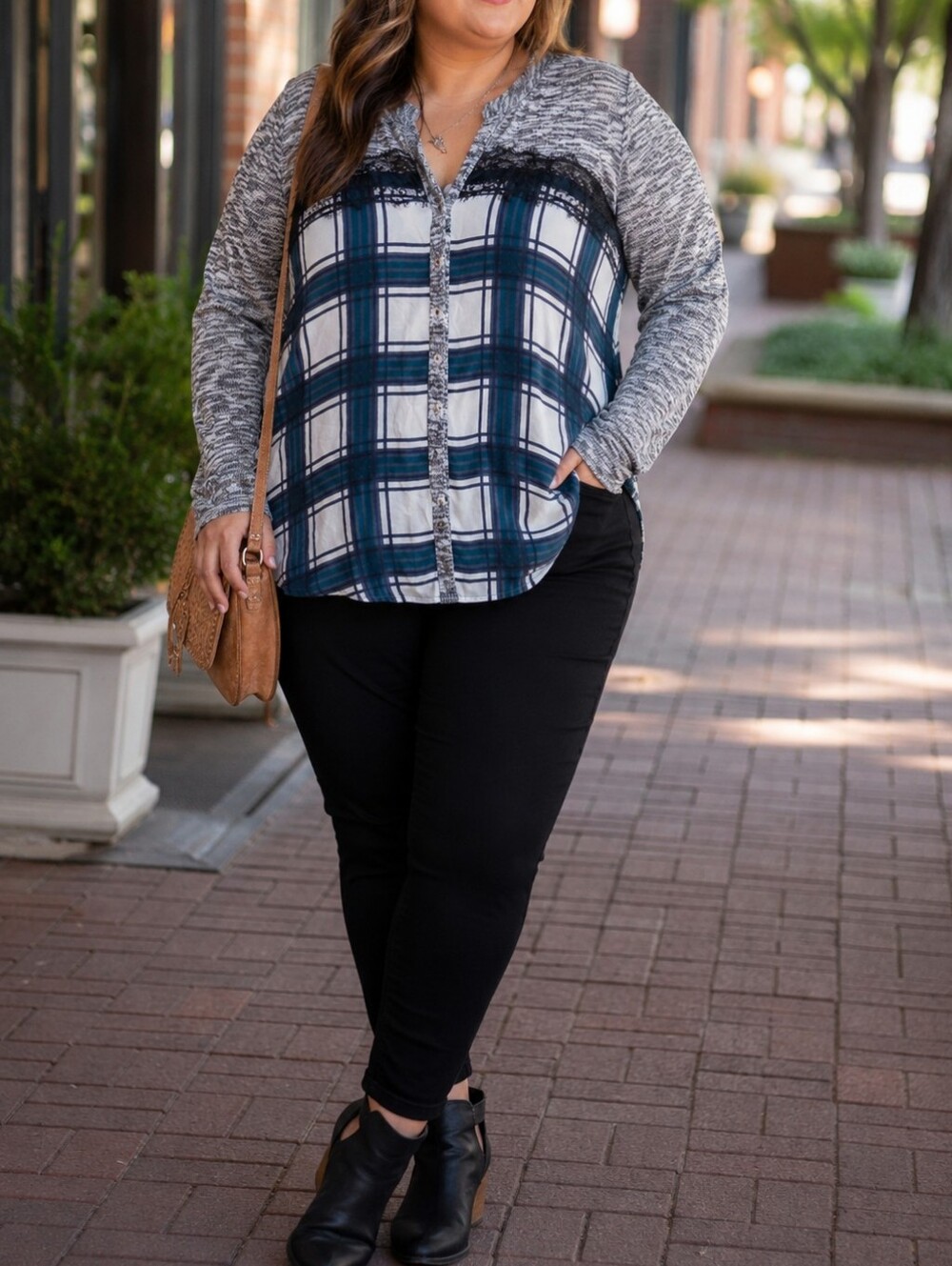 Warehouse One Plus Size Plaid Lace Trim Mixed Media Button-Down Shirt Rayon